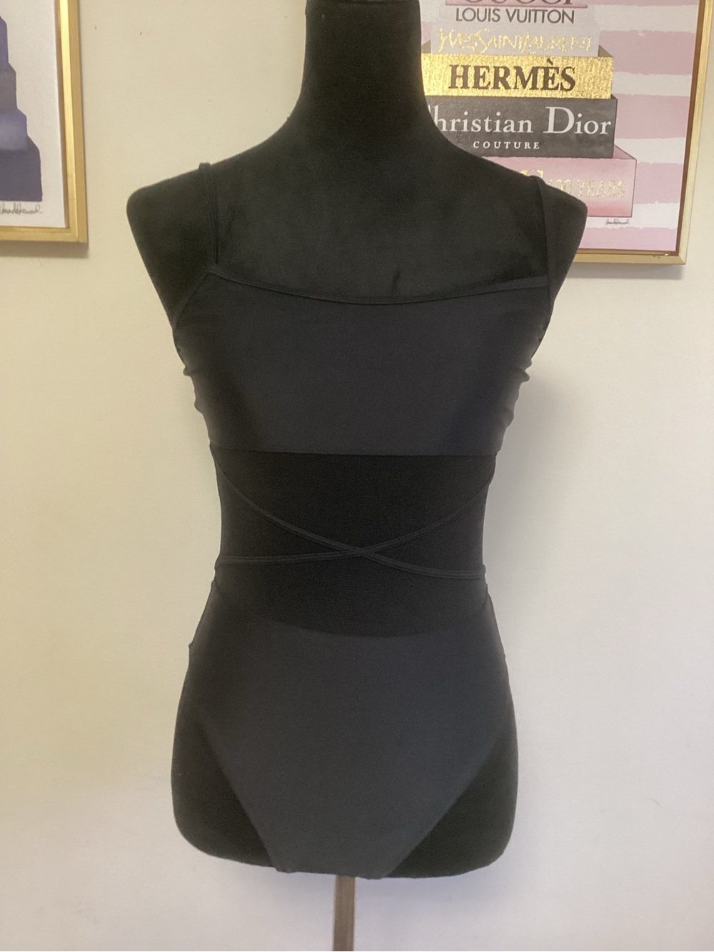 Anne Cole Black Crisscross Mesh Dance Leotard